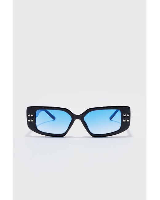 BoohooMAN Chunky Rectangle Sunglasses With Blue Lens In Black für Herren