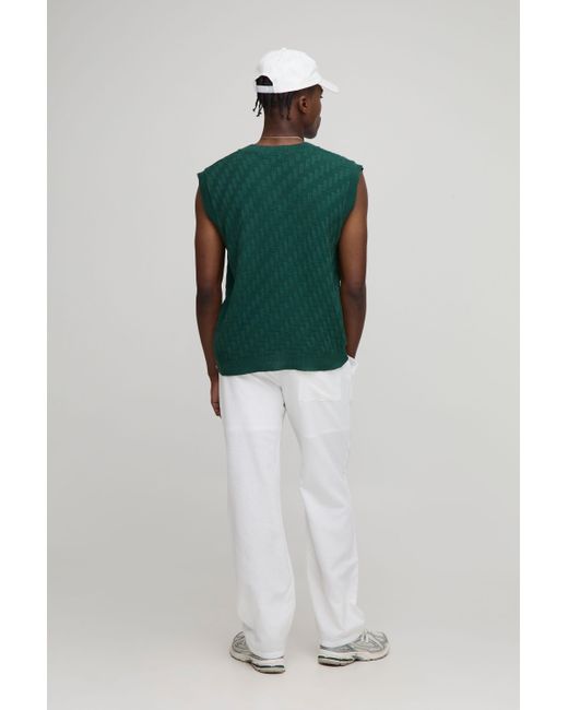 BoohooMAN Green Embroidered Boxy Fit Crosshatch Knitted Tank for men