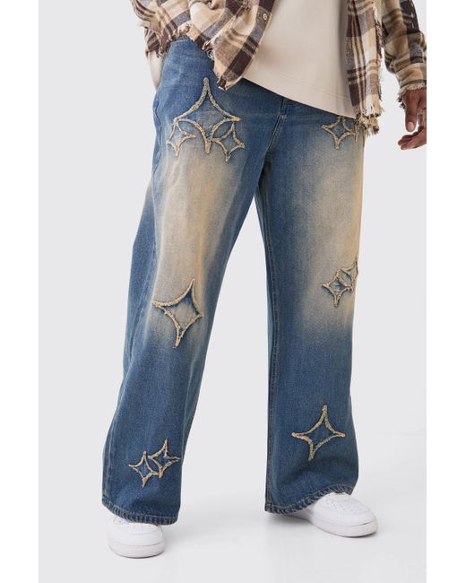 BoohooMAN Plus Relaxed Rigid Flare Self Fabric Applique Gusset Jeans in Blue für Herren