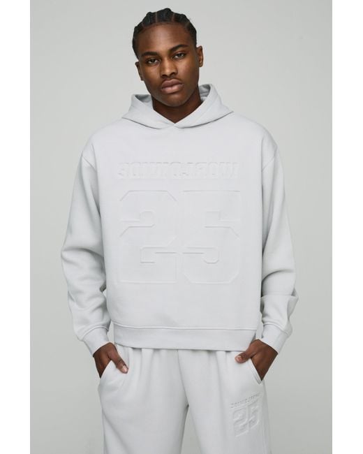 BoohooMAN Gray Oversized Boxy Varsity 25 Debossed Hooded Tracksuit for men