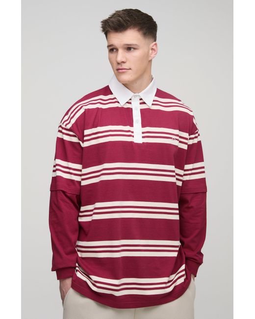 BoohooMAN Tall Oversized Embroidered Faux Layer Stripe Polo for men