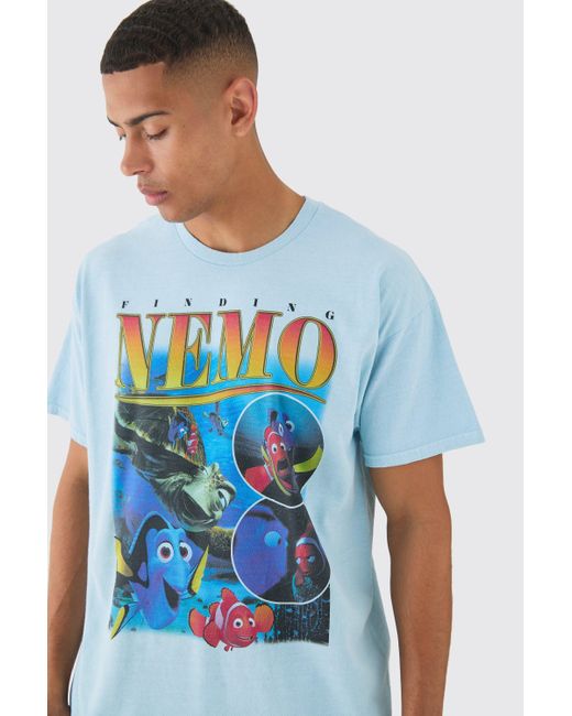 BoohooMAN Blue Oversized Finding Nemo Disney Wash License T-shirt for men