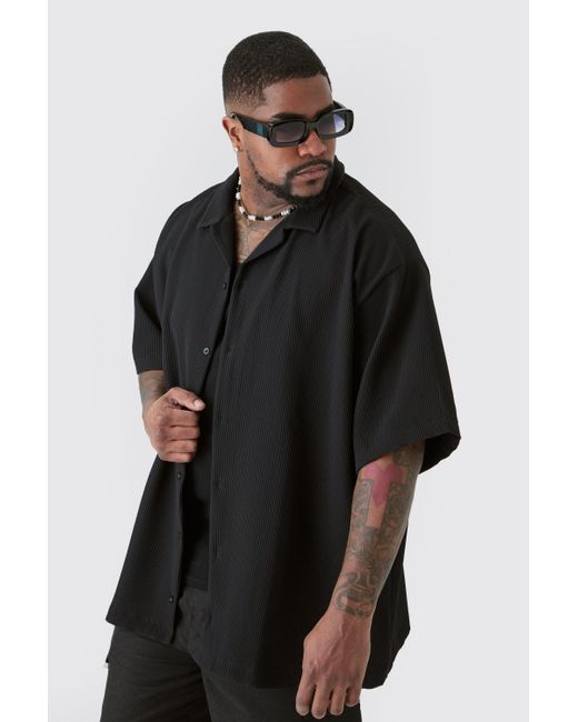 BoohooMAN Black Plus Short Sleeve Revere Oversized Pleated Shirt for men