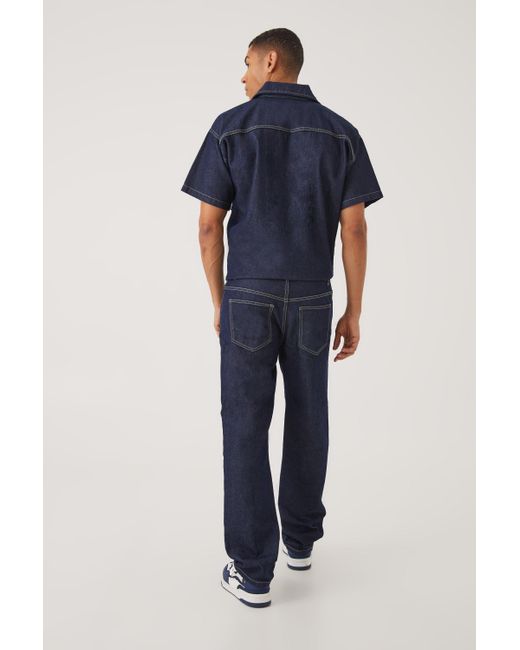BoohooMAN Blue Relaxed Fit Denim Jumpsuit for men
