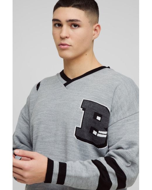 BoohooMAN Gray Boxy V Neck Boxy Distressed Varsity Sweater for men