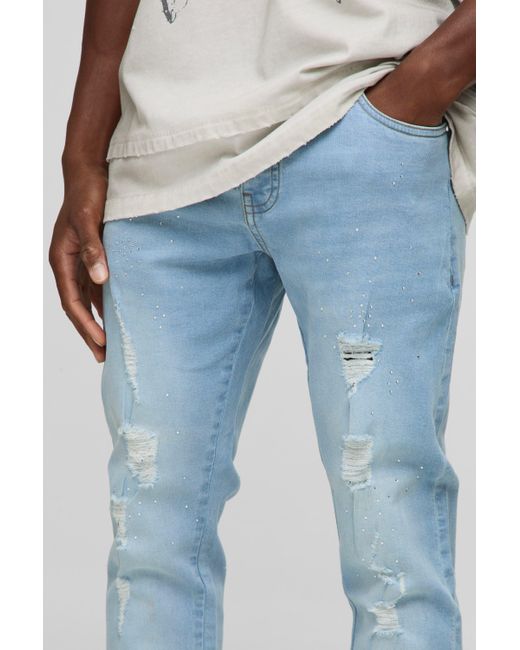 BoohooMAN Skinny Rip & Repair Jeans mit Strass in Blue für Herren