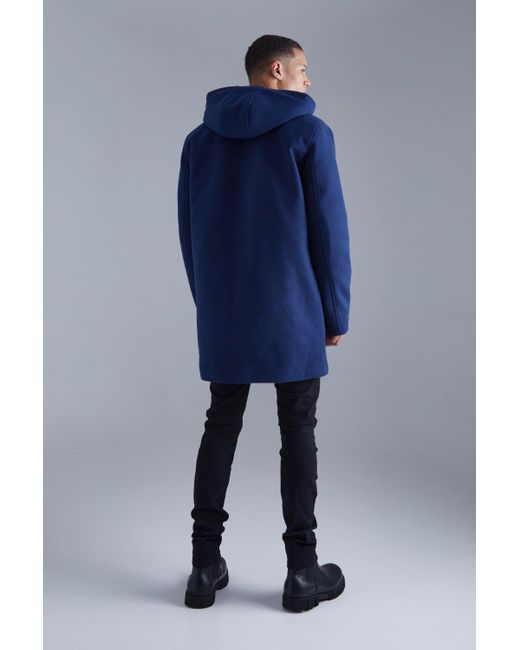 BoohooMAN Blue Tall Concealed Placket Hooded Overcoat for men