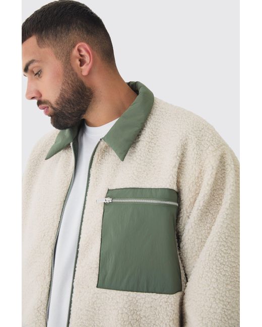 BoohooMAN Plus kastige Borg-Bomberjacke mit Nylon-Kragen in Gray für Herren