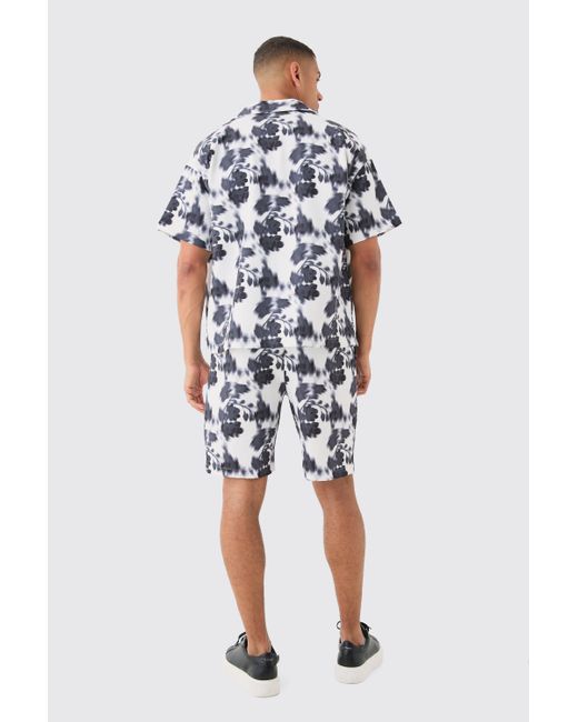 BoohooMAN Boxy Abstract Floral Printed Pleated Shirt & Short in Blue für Herren