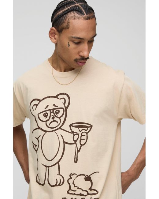 BoohooMAN Natural Sand Oversized Teddy Swims License Printed T-shirt for men
