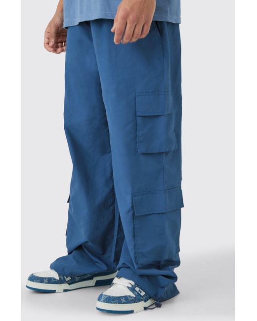 BoohooMAN Blue Elastic Waist Multi Pocket Parachute Pants for men