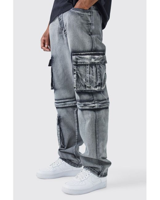 BoohooMAN Gray Tall Relaxed Rigid Zip Off Leg Cargo Jean for men