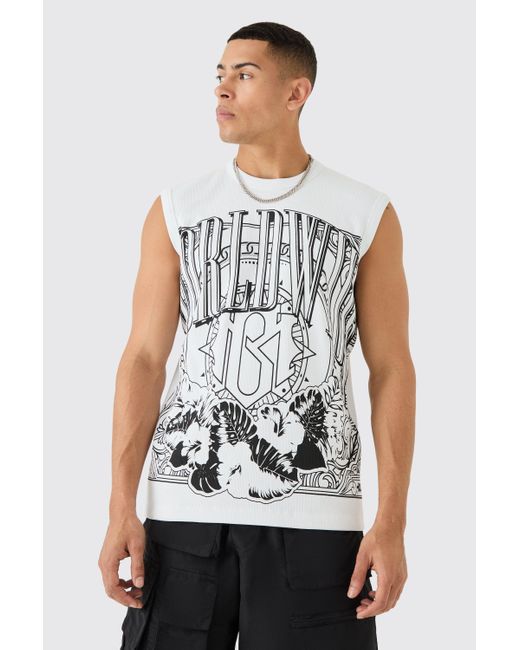 BoohooMAN White Large Scale Printed Heavy Ribbed Tank for men