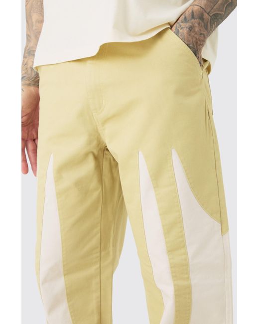 BoohooMAN Tall Fixed Waist Washed Colour Block Twill Trouser in Natural für Herren