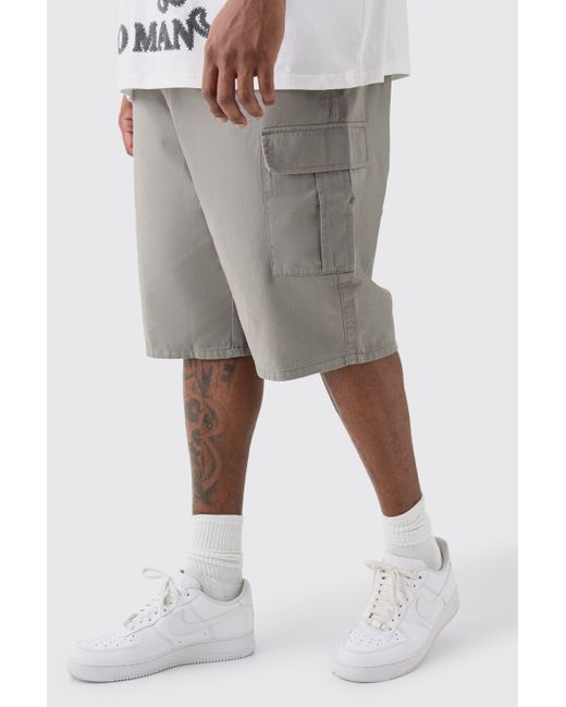BoohooMAN Plus Elastic Waist Grey Relaxed Fit Longer Length Cargo Shorts in Gray für Herren
