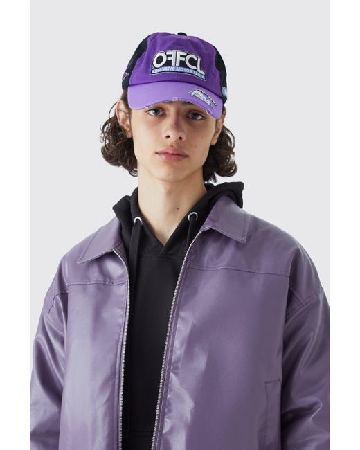 BoohooMAN Purple Moto Badge Distressed Trucker Cap for men