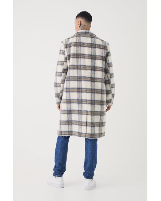 BoohooMAN Gray Tall Oversized Brushed Check Overcoat In Ecru for men