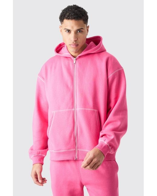 BoohooMAN Pink Oversized Contrast Stitch Zip Through Hooded Tracksuit for men