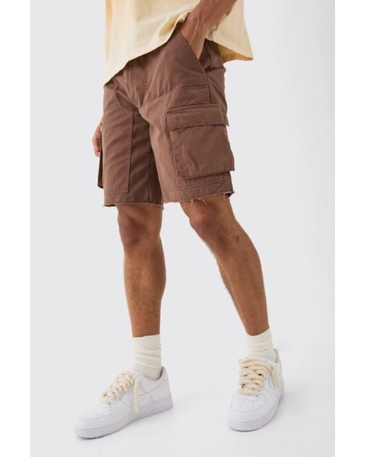 BoohooMAN Brown Fixed Waist Raw Hem Relaxed Cargo Shorts for men