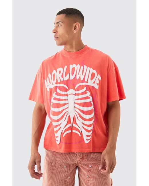 Boohoo Red Oversized Boxy Fit Washed Extended Neck Rib Cage Print T-shirt