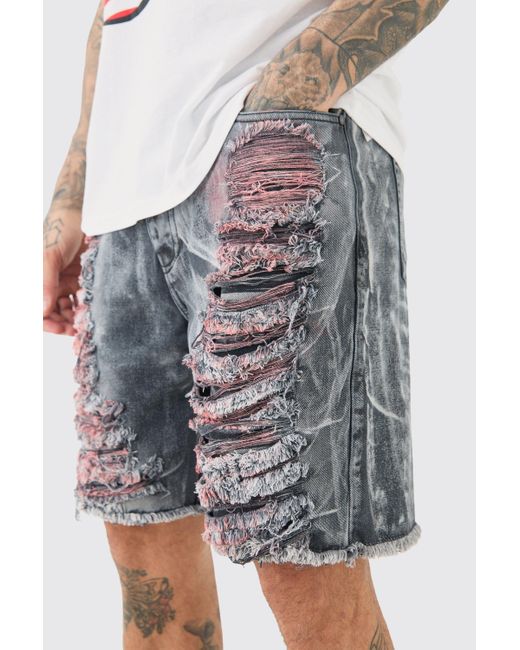 BoohooMAN Tall Extreme Rip Acid Wash Relaxed Fit Short in Black für Herren