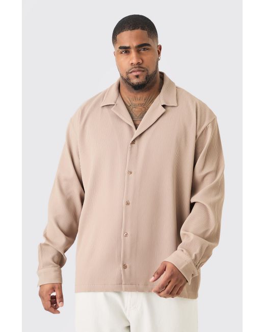 BoohooMAN Natural Plus Drop Revere Long Sleeve Pleated Shirt In Mocha for men