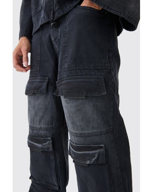 BoohooMAN Black Baggy Rigid Multi Pocket Cargo Jeans for men