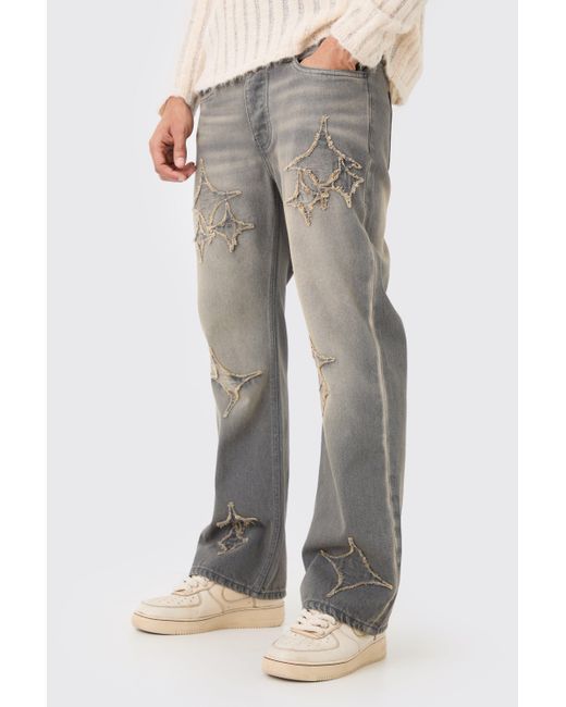 BoohooMAN Gray Relaxed Rigid Flare Self Fabric Applique Gusset Jeans for men