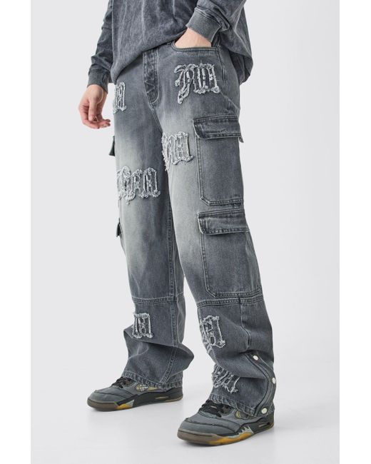 BoohooMAN Tall Baggy Rigid Bm Applique Multi Pocket Cargo Jeans in Blue für Herren
