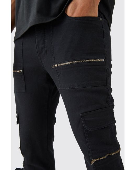 BoohooMAN Black Skinny Stretch Zip Multi Strap Cargo Pants for men