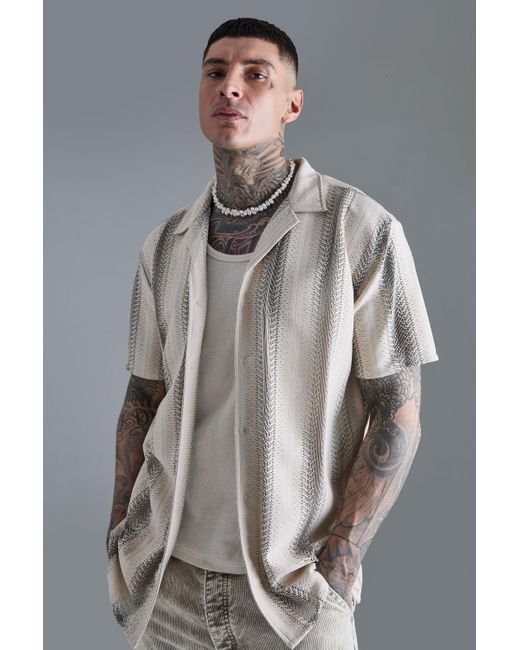 BoohooMAN Tall Short Sleeve Oversized Revere Abstact Open Weave Shirt in Gray für Herren