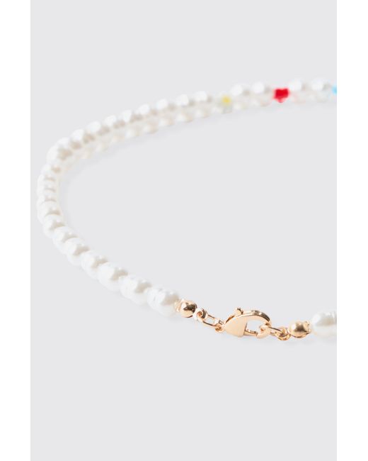 BoohooMAN White Bead And Pearl Necklace for men