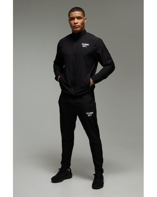 BoohooMAN Black Training Dept Ripstop Funnel Neck Tracksuit for men