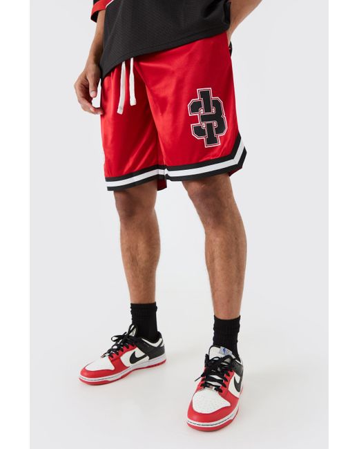 BoohooMAN Red Mesh And Satin Applique Basketball Short for men