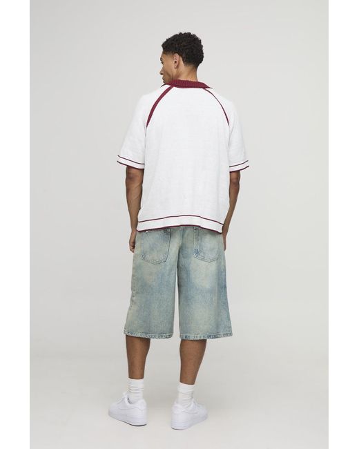 BoohooMAN Kastiger Raglan Italia Strick-Poloshirt mit V-Ausschnitt in White für Herren