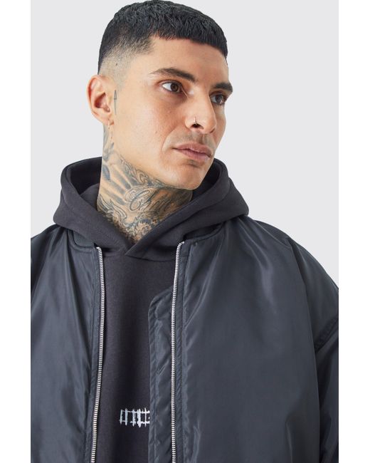 BoohooMAN Tall Oversized Nylon Bomber With Ruched Sleeves in Blue für Herren