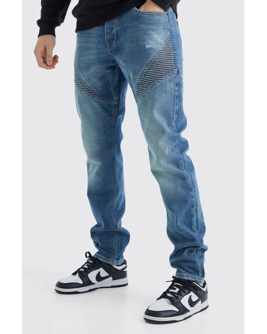 BoohooMAN Blue Tall Slim Rigid Biker Panelled Jeans for men