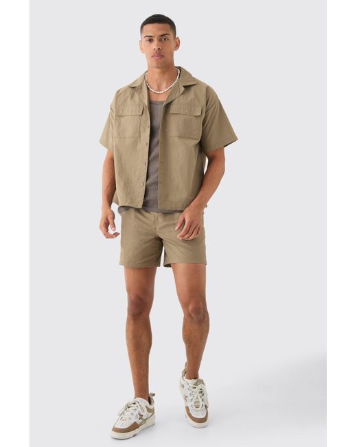 BoohooMAN Natural Crinkle Nylon Pocket Shirt & Short Set for men