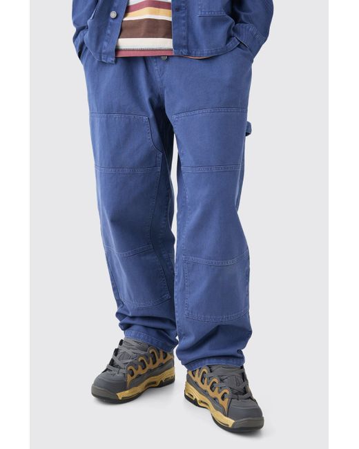 BoohooMAN Elastic Waist Crinkle Denim Carpenter Jeans In Dark Blue for men
