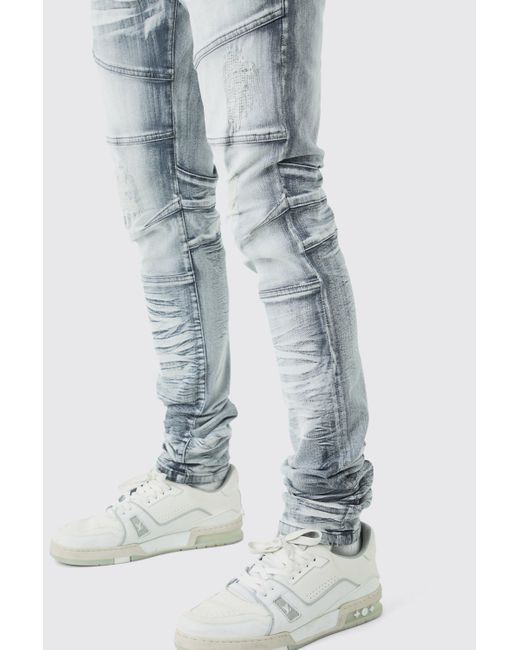 BoohooMAN Blue Tall Skinny Stretch Heavy Bleached Ripped Jean for men