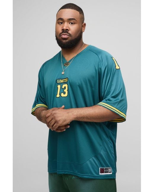 BoohooMAN Blue Plus Oversized Limited Applique Airtex Baseball Shirt for men
