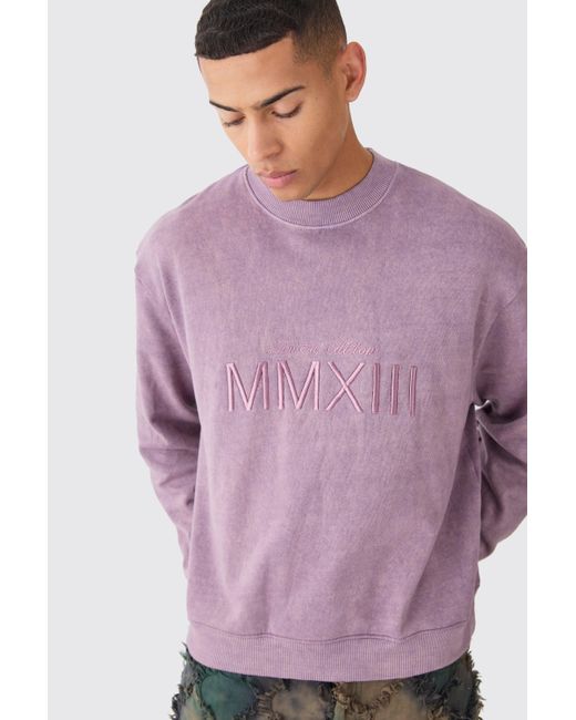 BoohooMAN Purple Oversized Extended Neck Acid Wash Embroidered Sweatshirt for men
