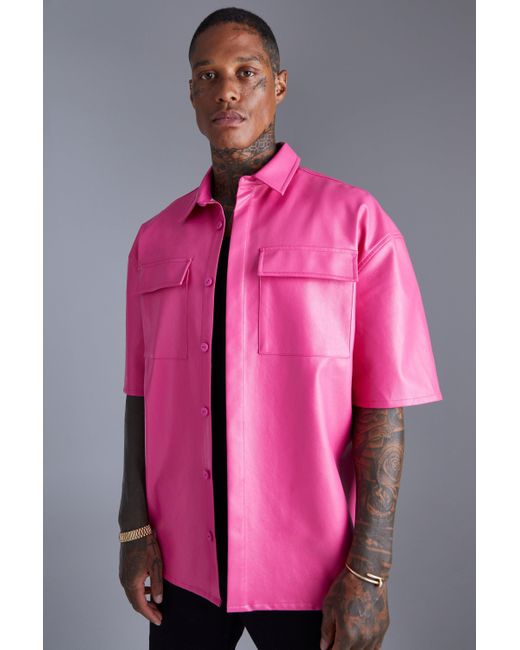 Boohoo Pink Short Sleeve Boxy Oversized Pu Shirt for men