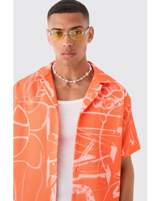 BoohooMAN Orange Oversized Doodle Printed Pleated Shirt & Short Set for men
