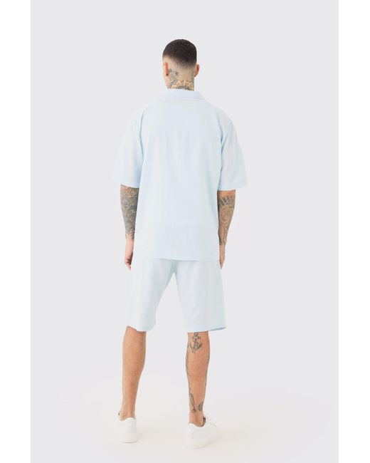 BoohooMAN White Tall Drop Revere Linen Shirt & Short Set In Light Blue for men