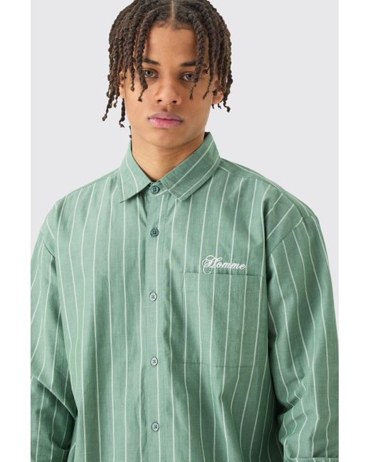BoohooMAN Long Sleeve Oversized Embroidered Stripe Shirt in Green für Herren