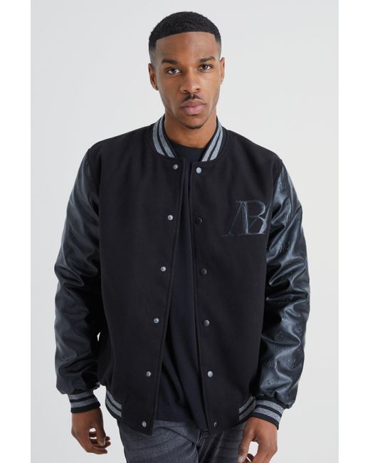 BoohooMAN Melton Varsity Jacket With Embossed Pu Sleeves in Grey