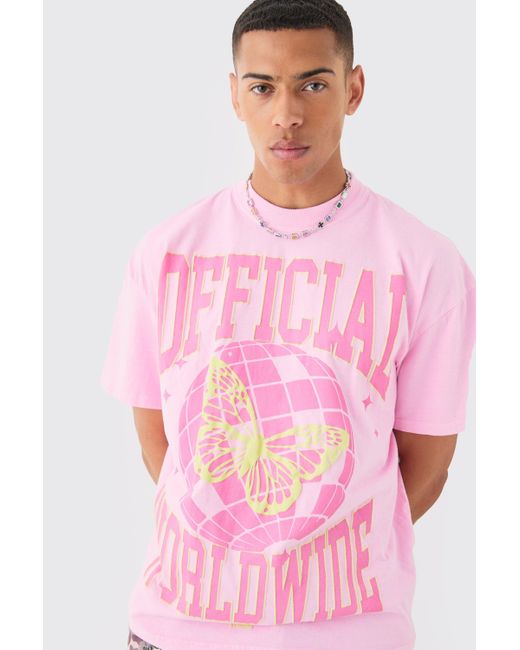 BoohooMAN Pink Oversized Puff Print Discoball Wash T-shirt for men