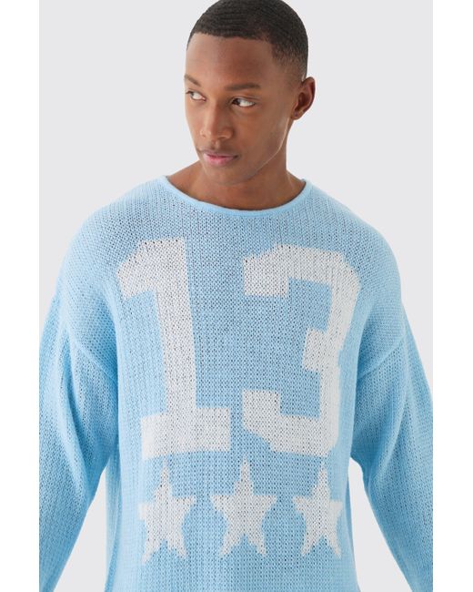 BoohooMAN Oversized Boxy Jacquard Varsity Open Stitch Sweater In Light Blue for men