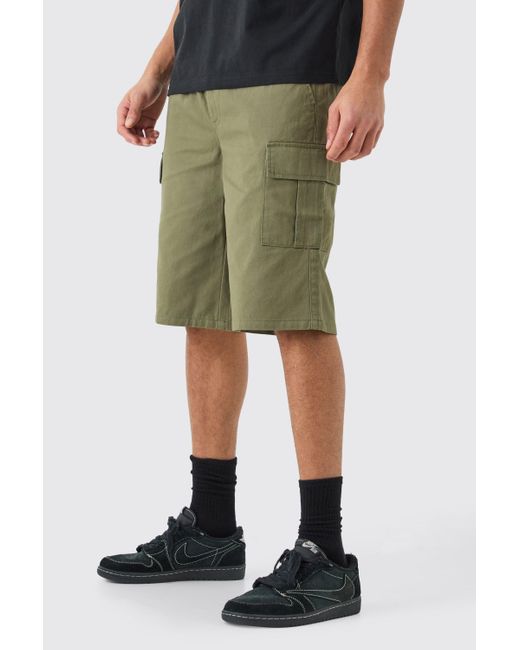 BoohooMAN Elastic Waist Khaki Relaxed Fit Longer Length Cargo Shorts in Green für Herren